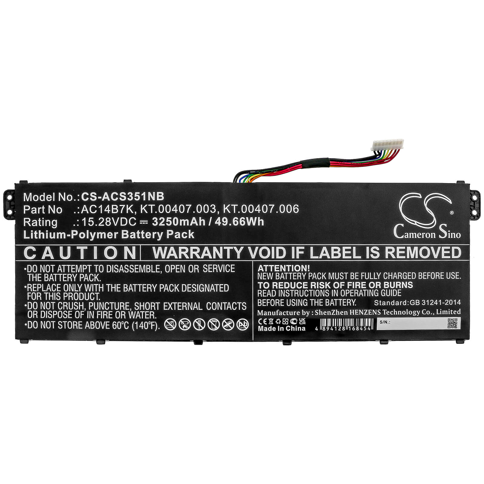 15.28V, 3250mAh, Li-Polymer Battery fits Acer, Aspire 5 A515-41g-18z3, Aspire 5 A515-52-31q2, 49.66Wh