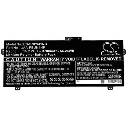 15.2V, 3700mAh, Li-Polymer Battery fits Samsung, Ativ Book 9 Pro, Np940z5j, 56.24Wh