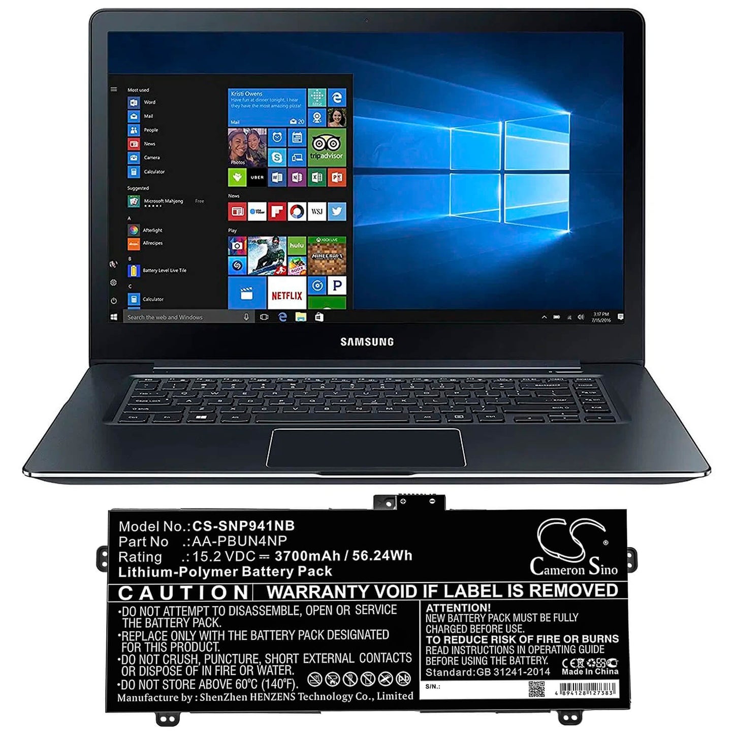 15.2V, 3700mAh, Li-Polymer Battery fits Samsung, Ativ Book 9 Pro, Np940z5j, 56.24Wh