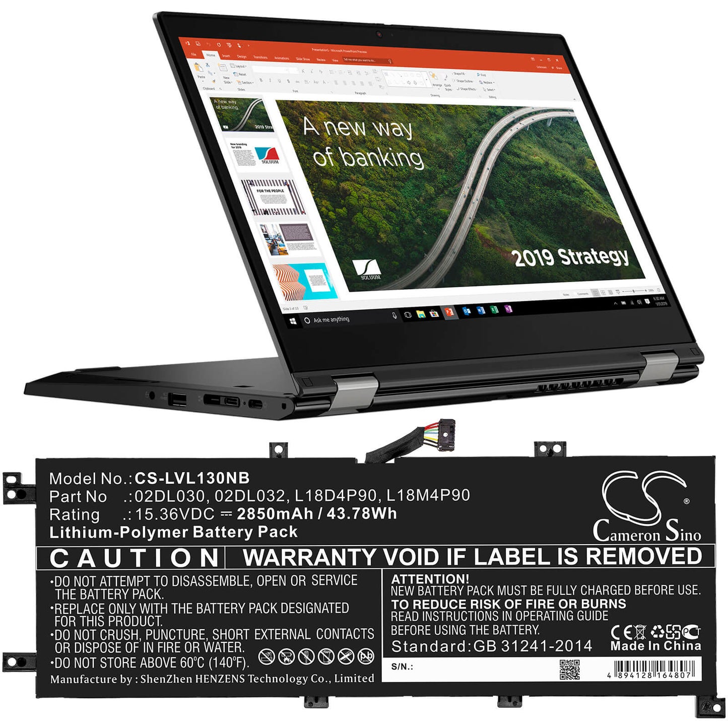 15.36V, 2850mAh, Li-Polymer Battery fits Lenovo, Thinkpad L13, Thinkpad L13 Gen 2-20vjs07v00, 43.776Wh