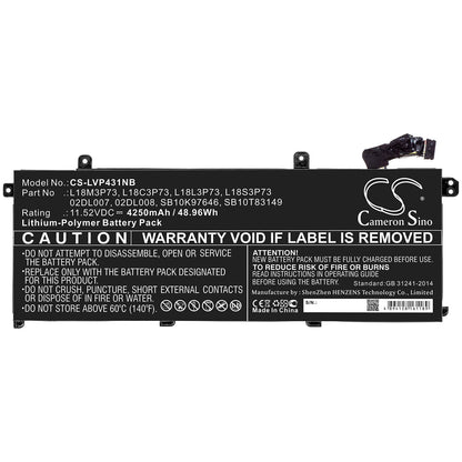11.52V, 4250mAh, Li-Polymer Battery fits Lenovo, Thinkpad P43s, Thinkpad P43s-20rh001fge, 48.96Wh