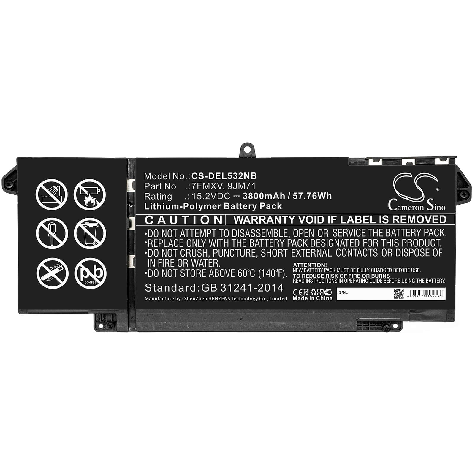 15.2V, 3800mAh, Li-Polymer Battery fits Dell, Latitude 5320, Latitude 7320, 57.76Wh