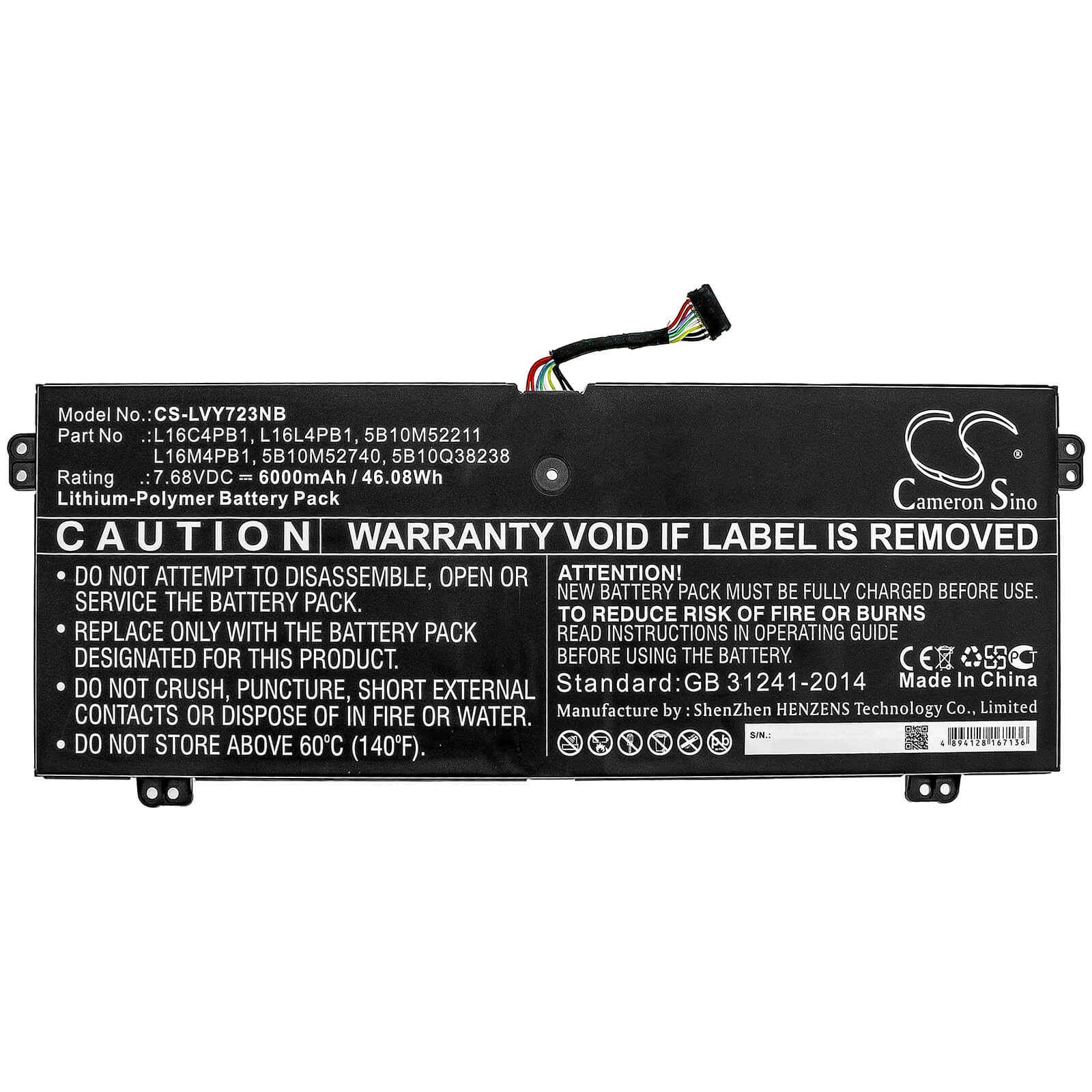 7.68V, 6000mAh, Li-Polymer Battery fits Lenovo, Yg 720-13ikb 80x6006pau, Yg 720-13ikb I5 8g 128g 10h 80, 46.08Wh
