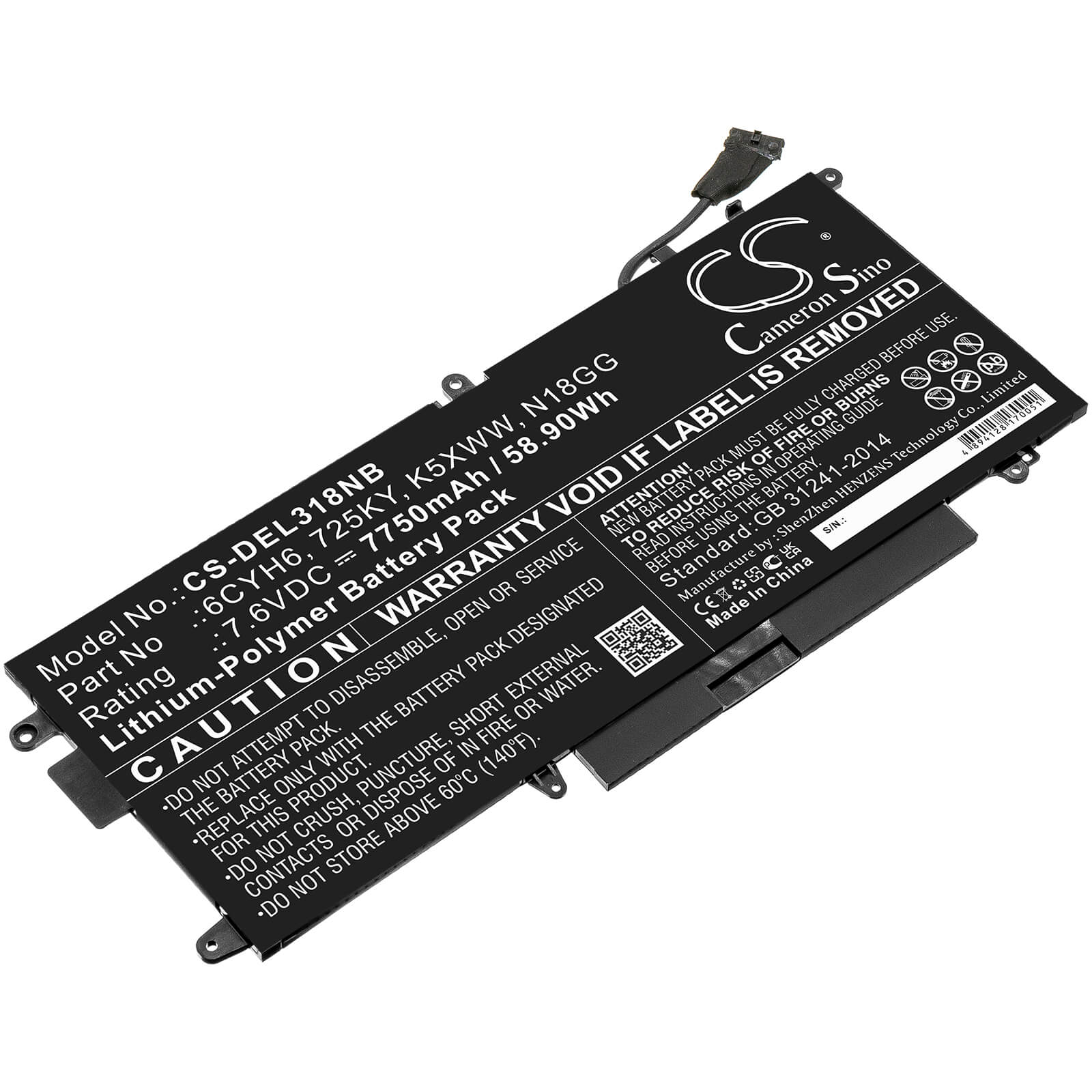 7.6V, 7750mAh, Li-Polymer Battery fits Dell, Latitude 12 5289, Latitude 5289, 58.9Wh