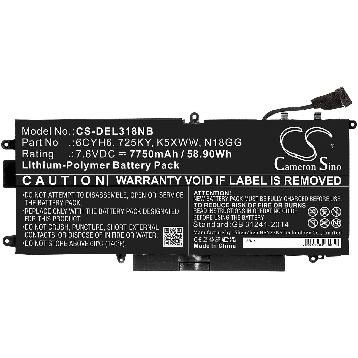 7.6V, 7750mAh, Li-Polymer Battery fits Dell, Latitude 12 5289, Latitude 5289, 58.9Wh