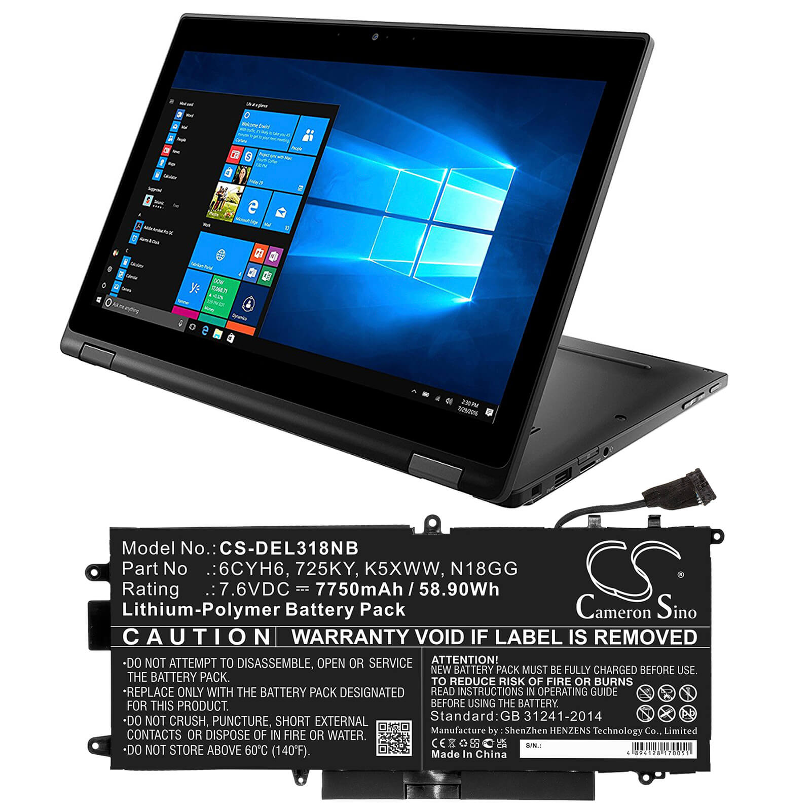 7.6V, 7750mAh, Li-Polymer Battery fits Dell, Latitude 12 5289, Latitude 5289, 58.9Wh