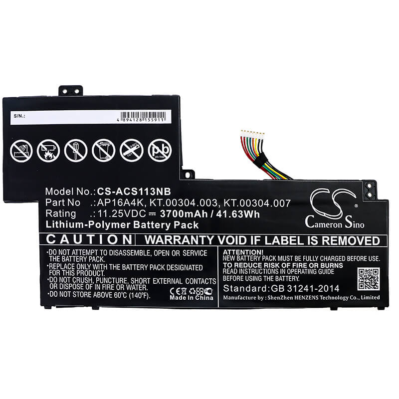 11.25V, 3700mAh, Li-Polymer Battery fits Acer, Aspire One Cloudbook 11 Ao1-13, Aspire One Cloudbook 11 Ao1-13, 41.625Wh