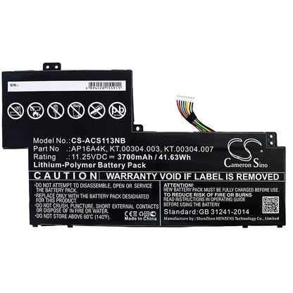 11.25V, 3700mAh, Li-Polymer Battery fits Acer, Aspire One Cloudbook 11 Ao1-13, Aspire One Cloudbook 11 Ao1-13, 41.625Wh