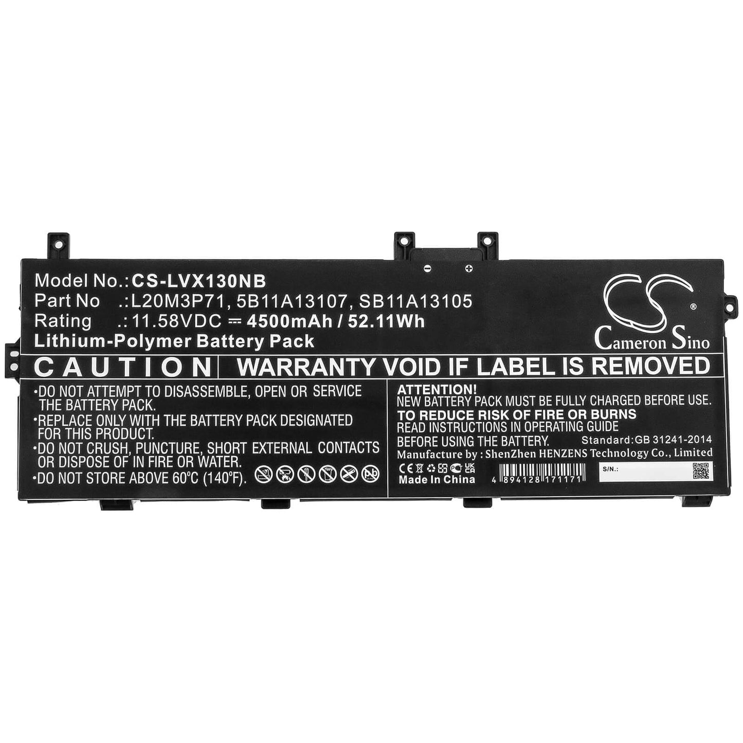 11.58V, 4500mAh, Li-Polymer Battery fits Lenovo, Thinkpad X13 Yoga G2, Thinkpad X13 Yoga G2 20w80007z, 52.11Wh