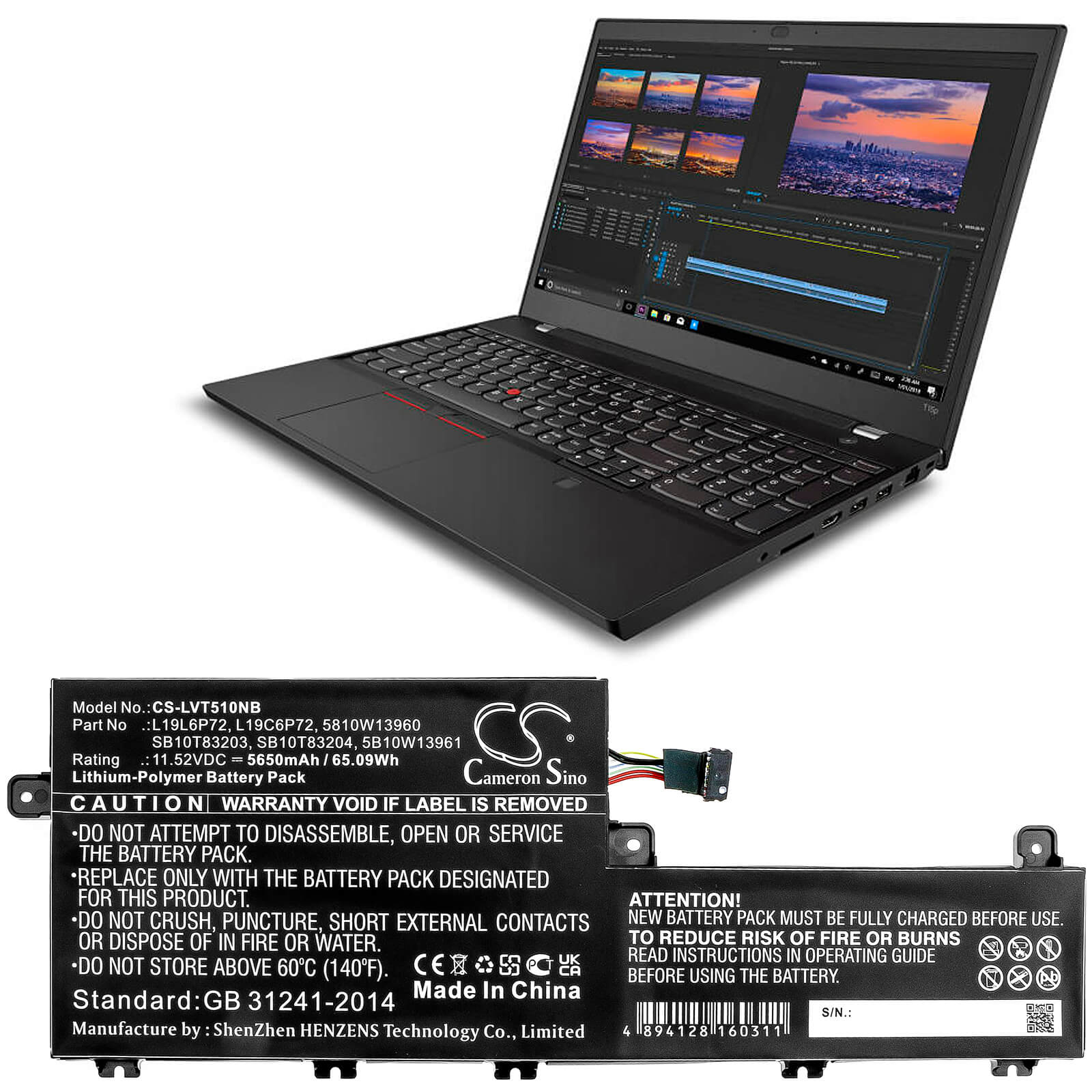 11.52V, 5650mAh, Li-Polymer Battery fits Lenovo, Thinkpad P15v, Thinkpad T15p, 65.088Wh