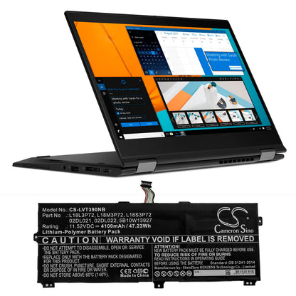 11.52V, 4100mAh, Li-Polymer Battery fits Lenovo, Thinkpad X390 Yoga, Thinkpad X390 Yoga(20nna005cd), 47.232Wh