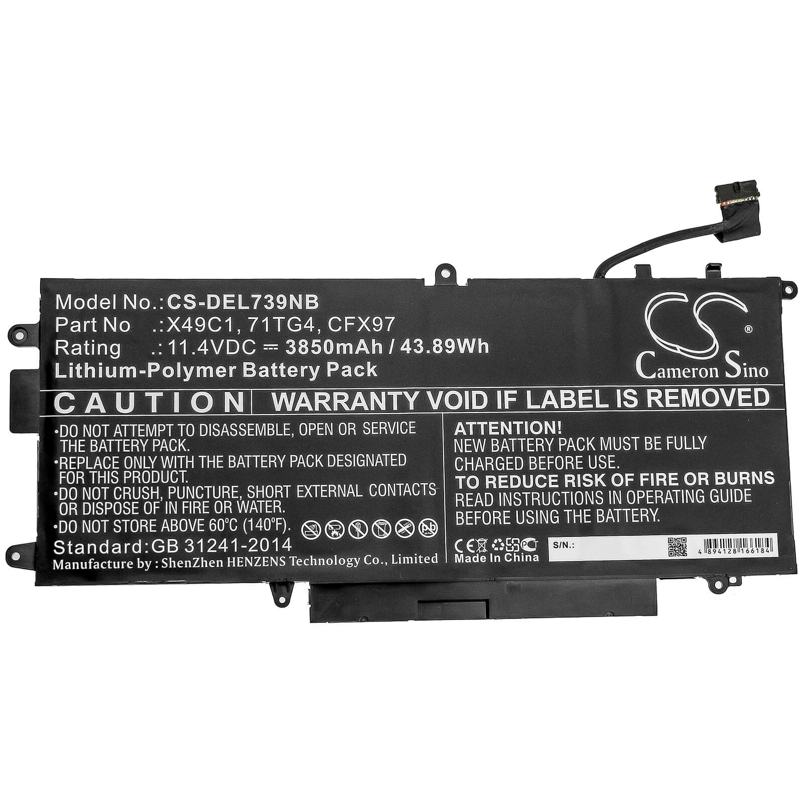11.4V, 3850mAh, Li-Polymer Battery fits Dell, Latitude 5289 2-in-1, Latitude 7390 2-in-1, 43.89Wh