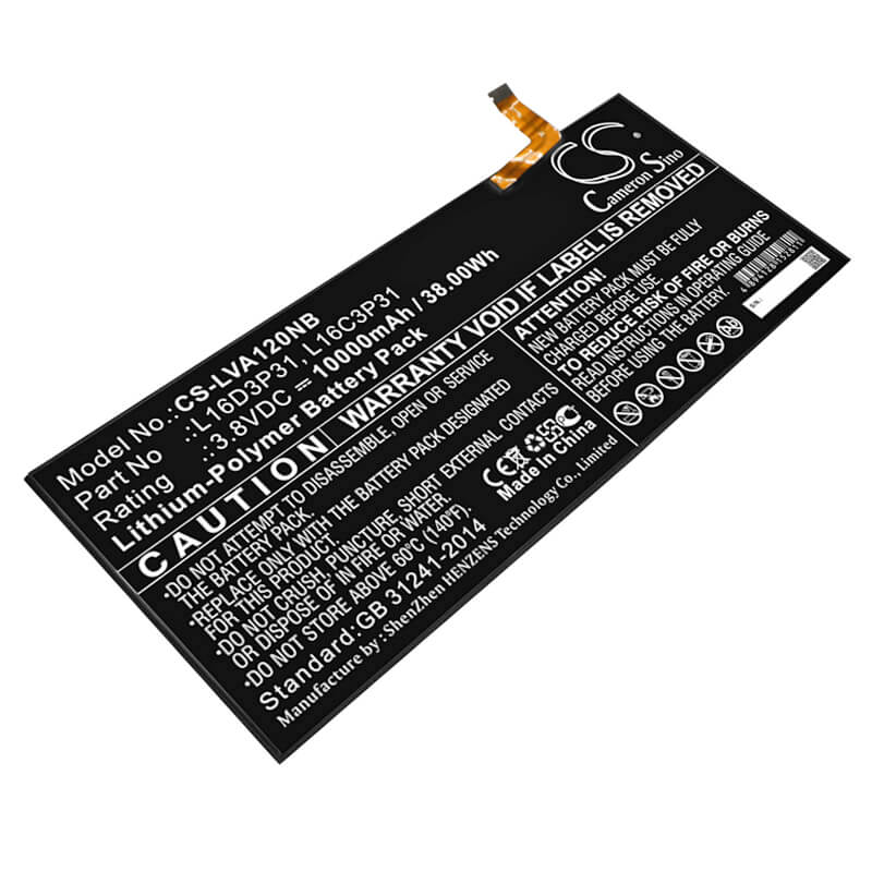 3.8V, 10000mAh, Li-Polymer Battery fits Lenovo, Yb-q501f Za1y0061us, Yoga A12, 38Wh