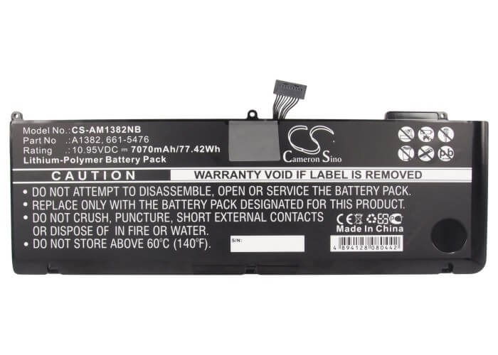 10.95V, 7070mAh, Li-Polymer Battery fits Apple, Macbook Pro 15" Inch I7, Macbook Pro 15.4" 2.0ghz Core, 77.4165Wh