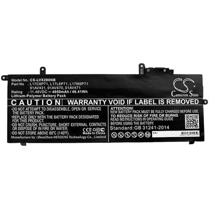 11.46V, 4050mAh, Li-Polymer Battery fits Lenovo, Thinkpad A285, Thinkpad X280, 46.413Wh