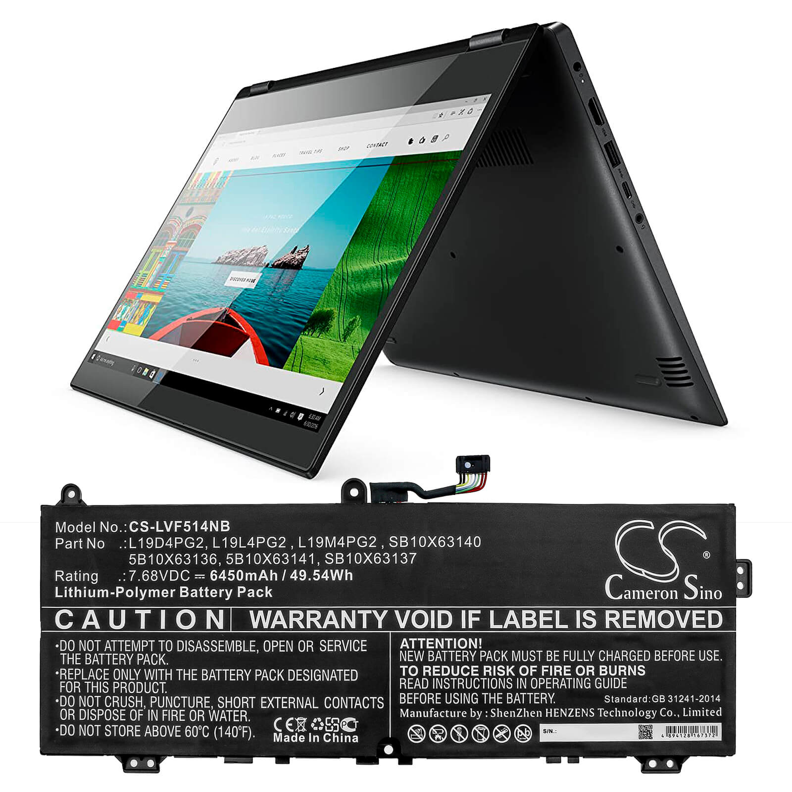 7.68V, 6450mAh, Li-Polymer Battery fits Lenovo, C13 Yoga Gen 1 Chromebook-20uy, Flex 5 1570, 49.536Wh