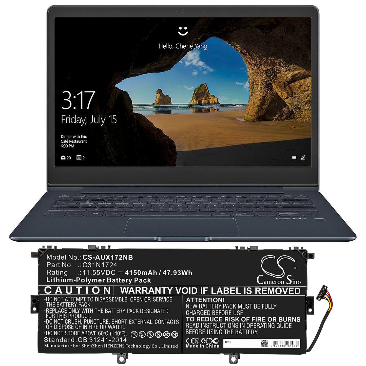 11.55V, 4150mAh, Li-Polymer Battery fits Asus, U3100fal, Ux331fal, 47.9325Wh