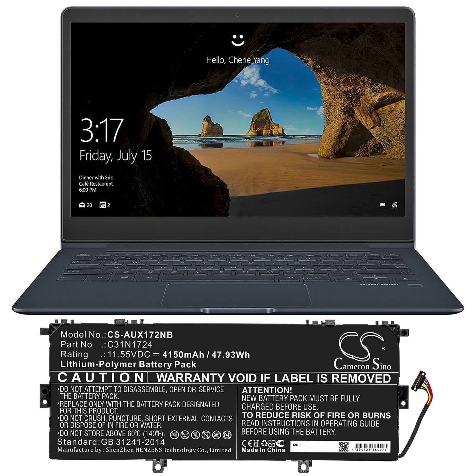 11.55V, 4150mAh, Li-Polymer Battery fits Asus, U3100fal, Ux331fal, 47.9325Wh