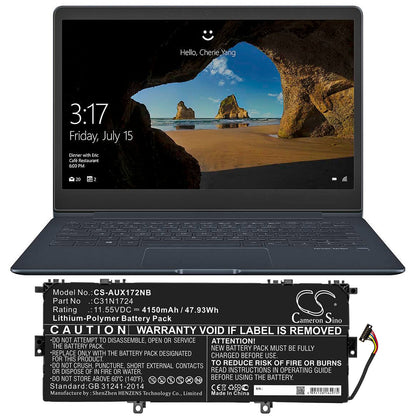 11.55V, 4150mAh, Li-Polymer Battery fits Asus, U3100fal, Ux331fal, 47.9325Wh