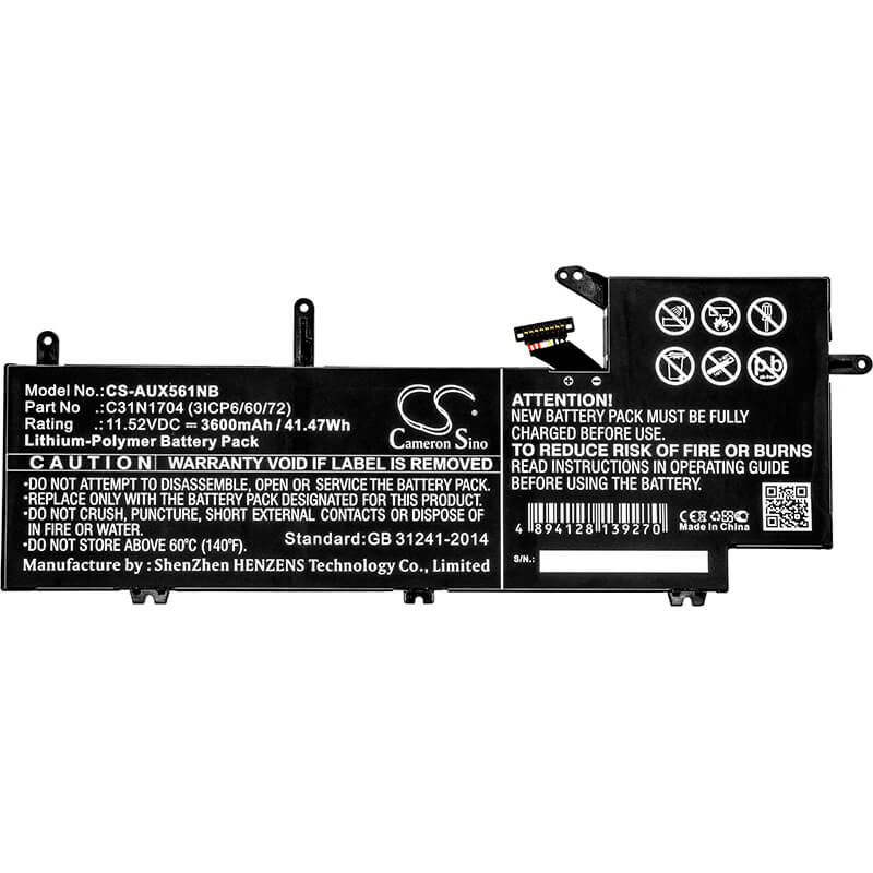 11.52V, 3600mAh, Li-Polymer Battery fits Asus, Q535u, Q535ud, 41.472Wh