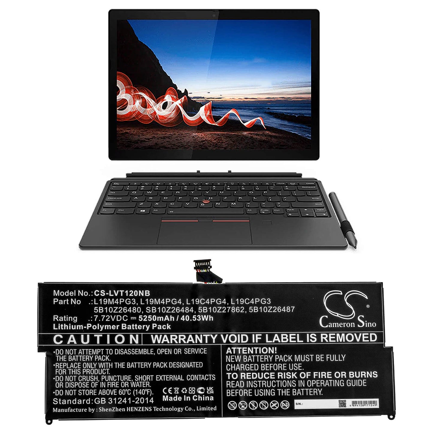 7.72V, 5250mAh, Li-Polymer Battery fits Lenovo, Thinkpad X12 Detachable, 40.53Wh
