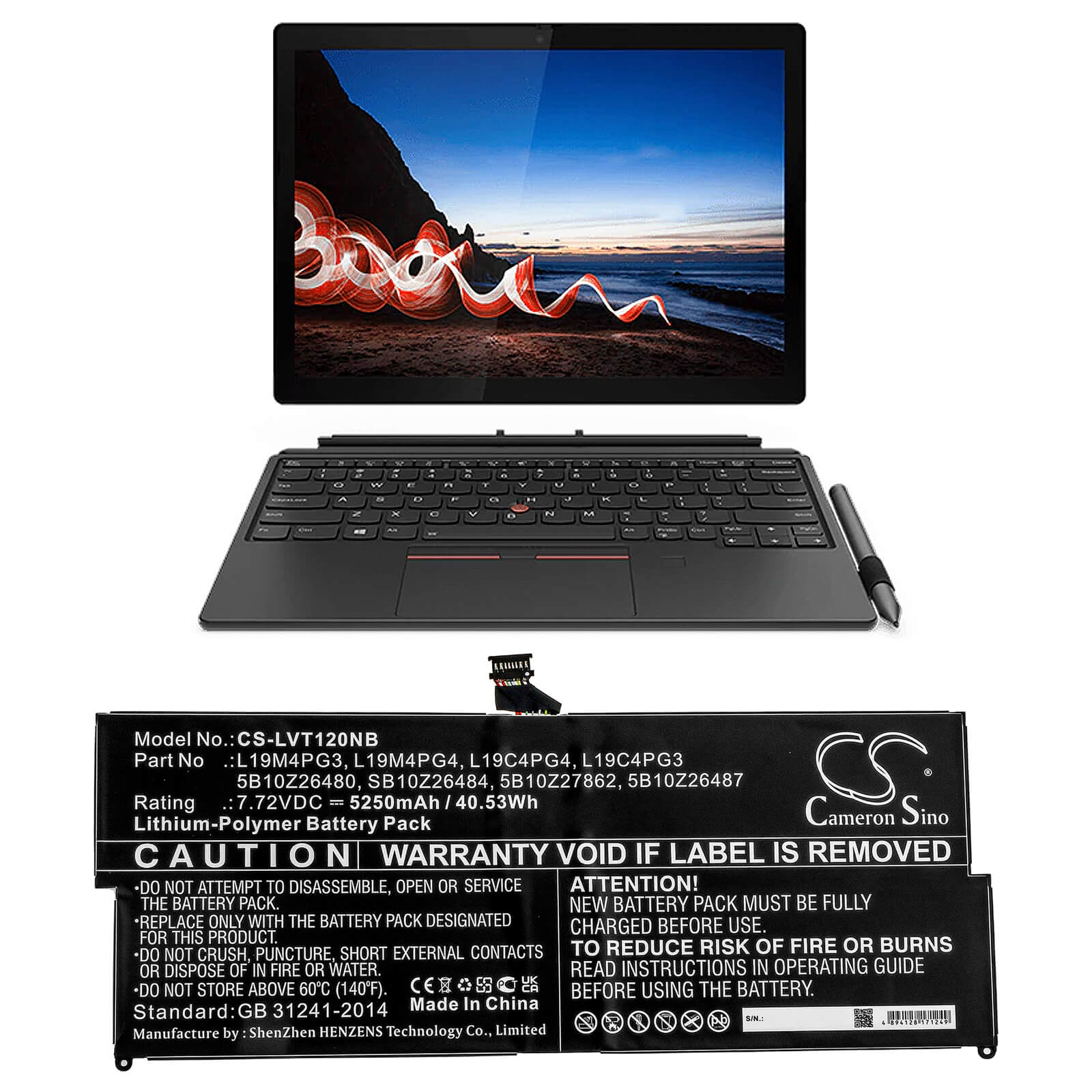 7.72V, 5250mAh, Li-Polymer Battery fits Lenovo, Thinkpad X12 Detachable, 40.53Wh