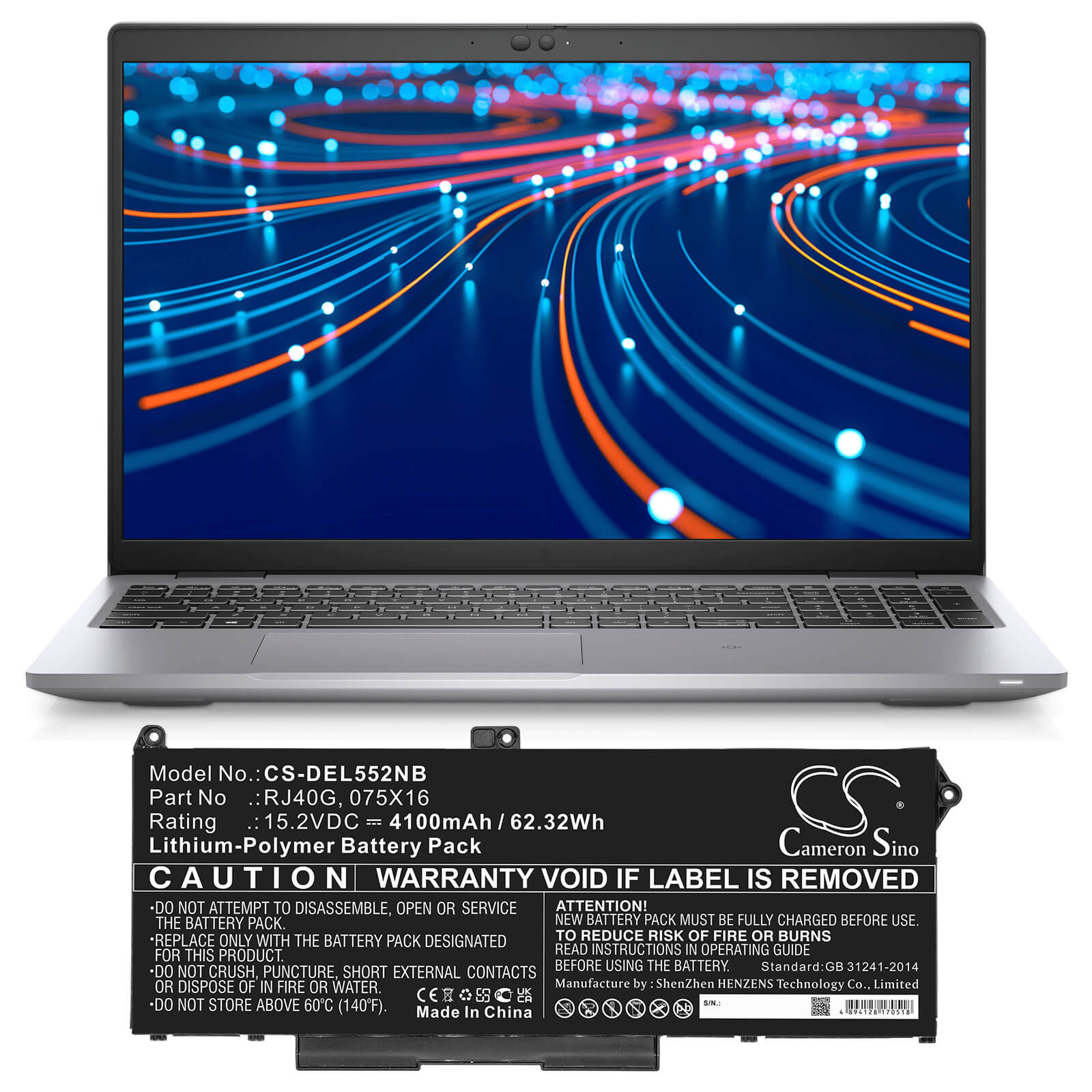 15.2V, 4100mAh, Li-Polymer Battery fits Dell, Latitude 14 5420, Latitude 14 5420 Chkfm, 62.32Wh