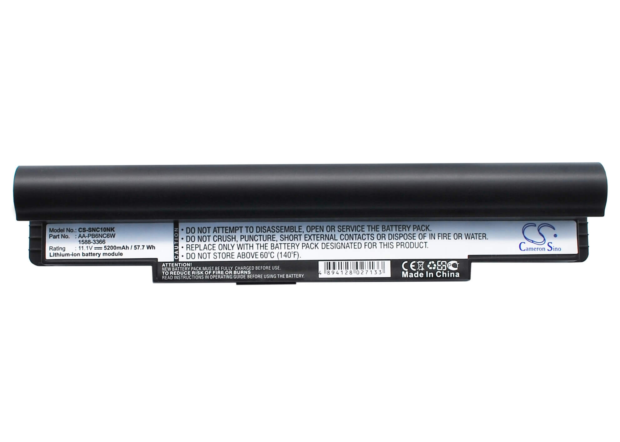 Black, 11.1V, 5200mAh, Li-ion Battery fits Samsung, N110 (black), Np-n110, 57.72Wh