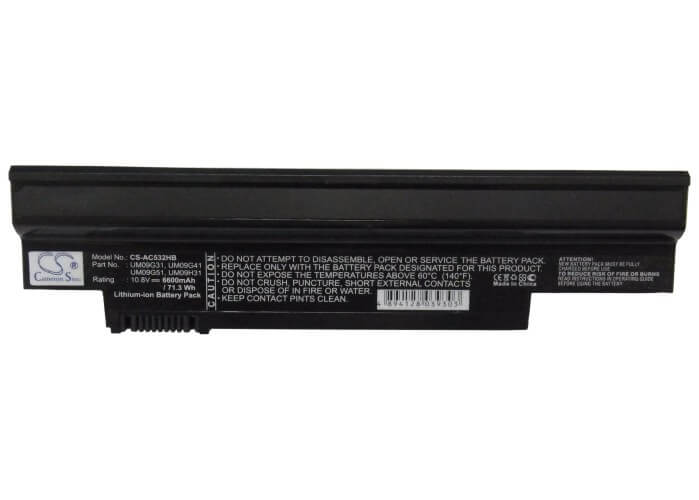 10.8V, 6600mAh, Li-ion Battery fits Acer, Ao532h-21b, Ao532h-21r, 71.28Wh