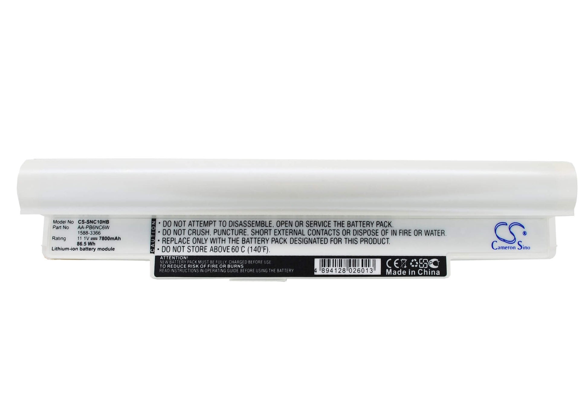 White, 11.1V, 7800mAh, Li-ion Battery fits Samsung, N110 (black), Np-n110, 86.58Wh