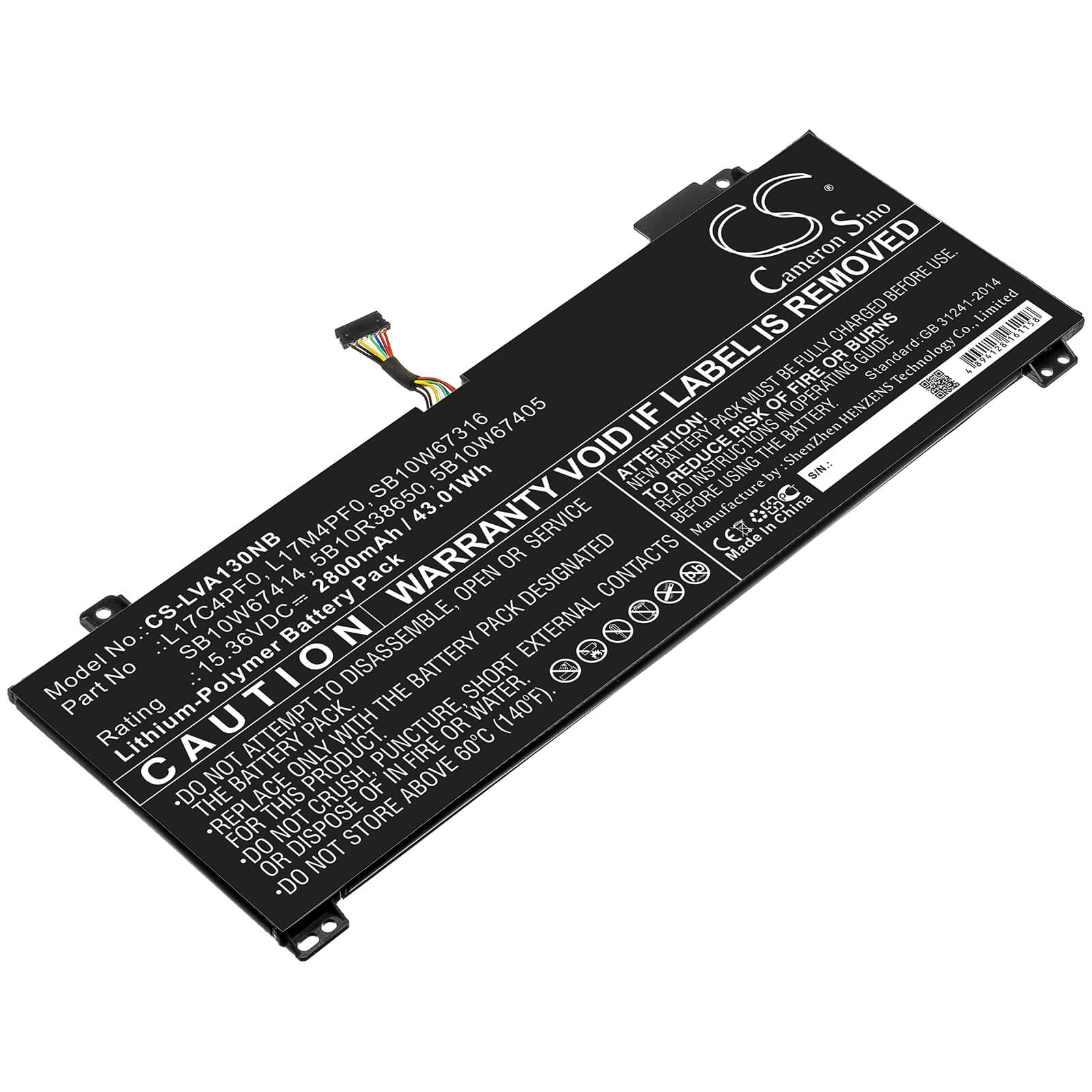 15.36V, 2800mAh, Li-Polymer Battery fits Lenovo, Xiaoxin Air 13, Xiaoxin Air 13iwl, 43.008Wh