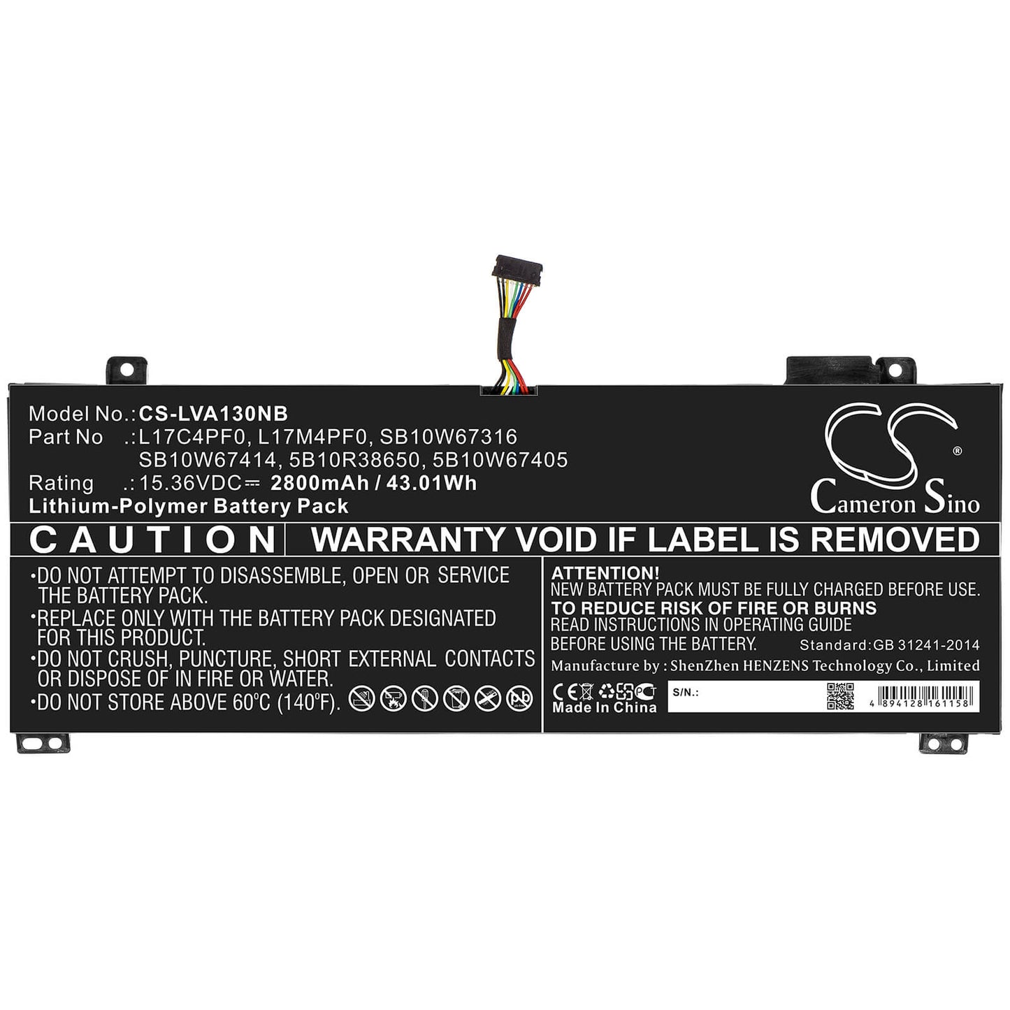 15.36V, 2800mAh, Li-Polymer Battery fits Lenovo, Xiaoxin Air 13, Xiaoxin Air 13iwl, 43.008Wh