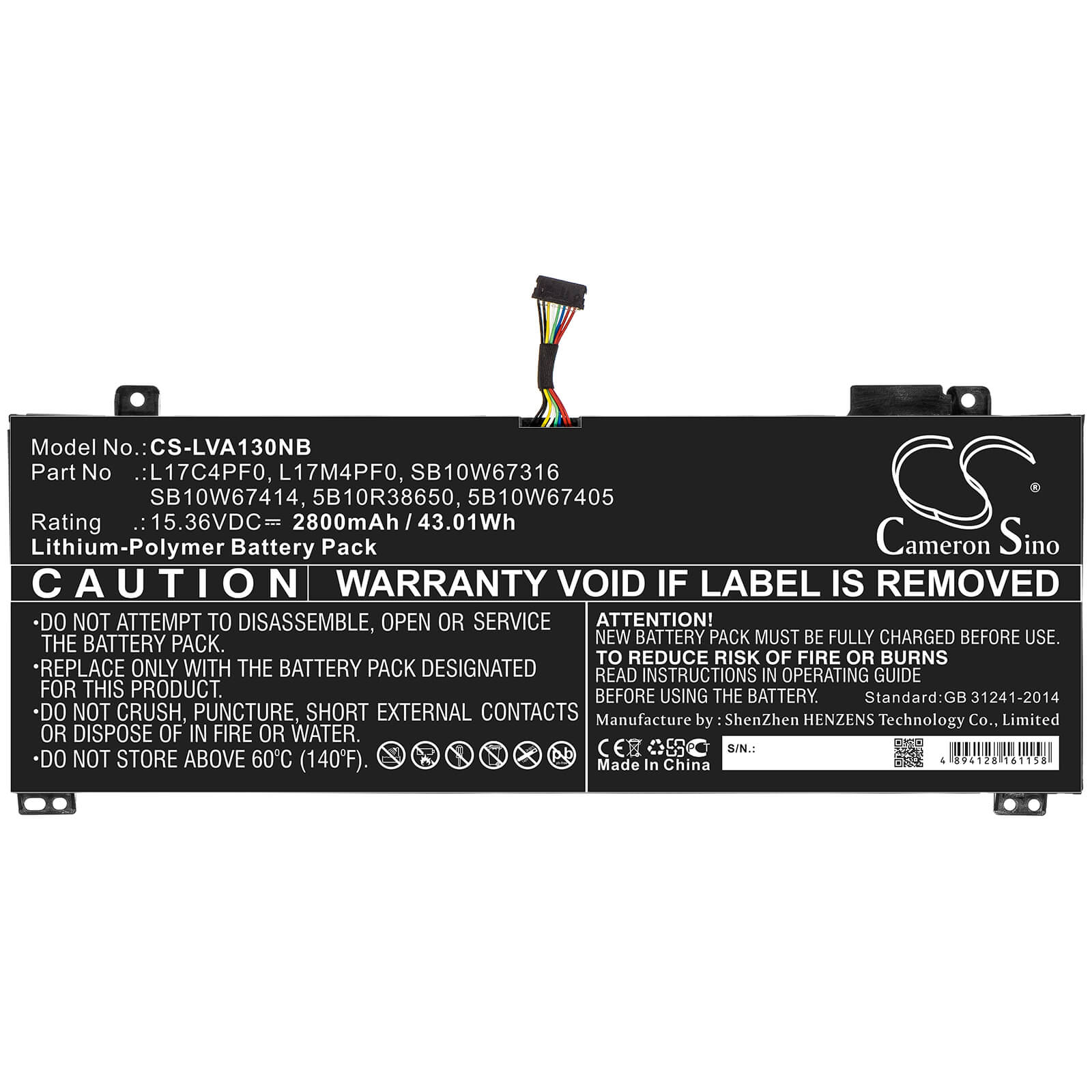 15.36V, 2800mAh, Li-Polymer Battery fits Lenovo, Xiaoxin Air 13, Xiaoxin Air 13iwl, 43.008Wh