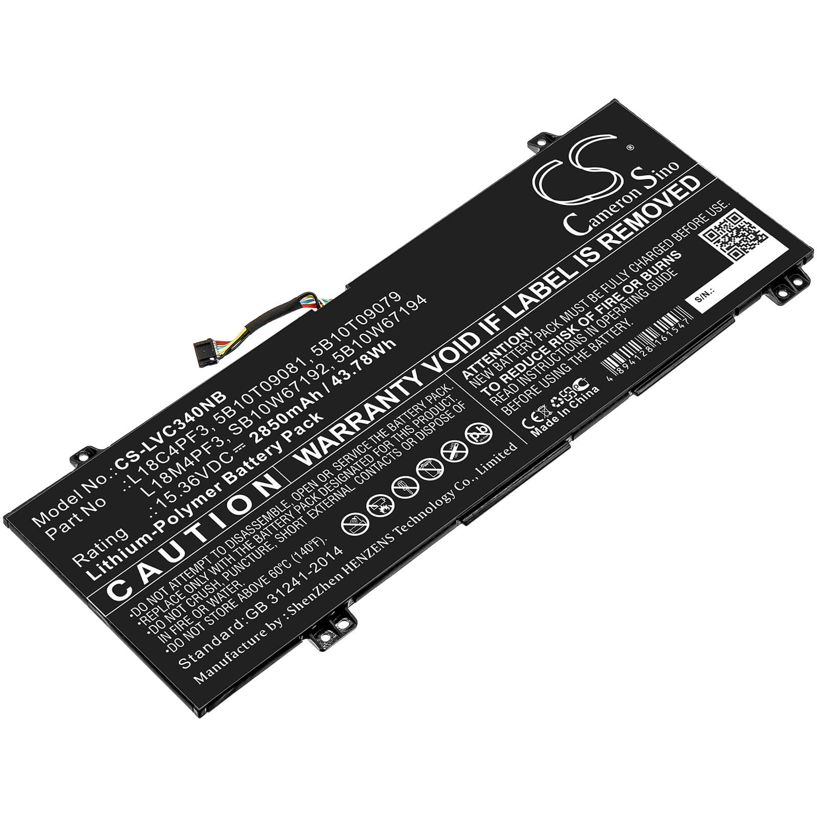 15.36V, 2850mAh, Li-Polymer Battery fits Lenovo, Ideapad C340-14api, Ideapad C340-14api 81n6004uge, 43.776Wh