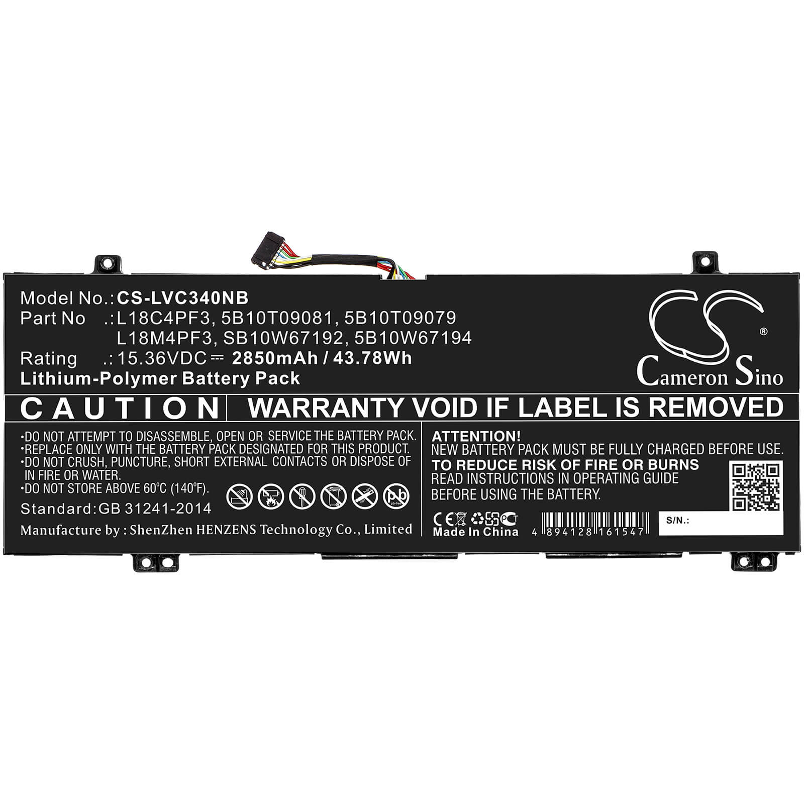 15.36V, 2850mAh, Li-Polymer Battery fits Lenovo, Ideapad C340-14api, Ideapad C340-14api 81n6004uge, 43.776Wh