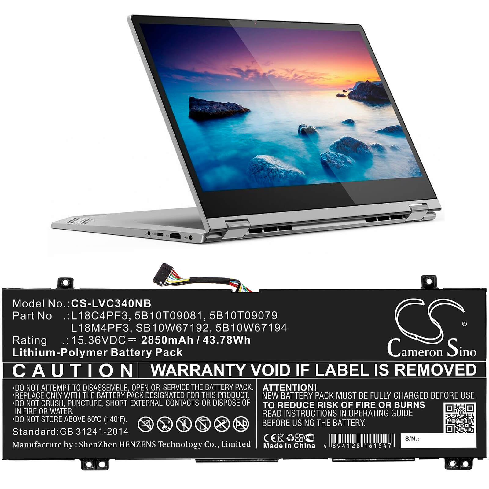 15.36V, 2850mAh, Li-Polymer Battery fits Lenovo, Ideapad C340-14api, Ideapad C340-14api 81n6004uge, 43.776Wh