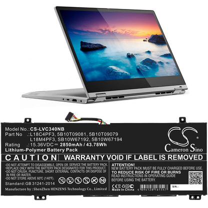 15.36V, 2850mAh, Li-Polymer Battery fits Lenovo, Ideapad C340-14api, Ideapad C340-14api 81n6004uge, 43.776Wh