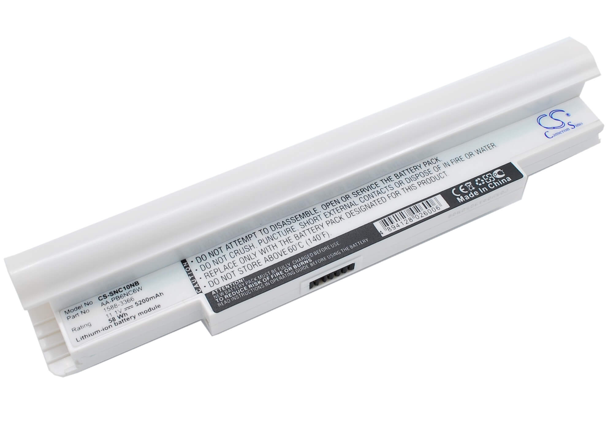White, 11.1V, 5200mAh, Li-ion Battery fits Samsung, N110 (black), Np-n110, 57.72Wh