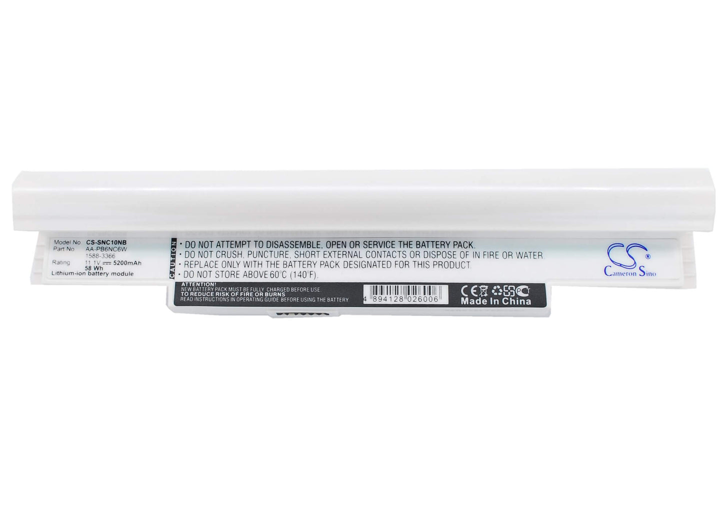 White, 11.1V, 5200mAh, Li-ion Battery fits Samsung, N110 (black), Np-n110, 57.72Wh