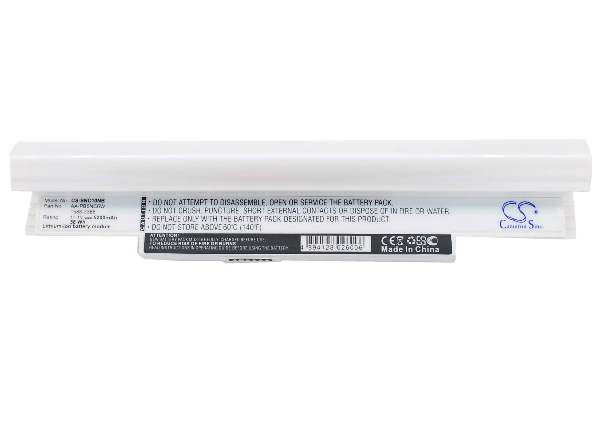 White, 11.1V, 5200mAh, Li-ion Battery fits Samsung, N110 (black), Np-n110, 57.72Wh