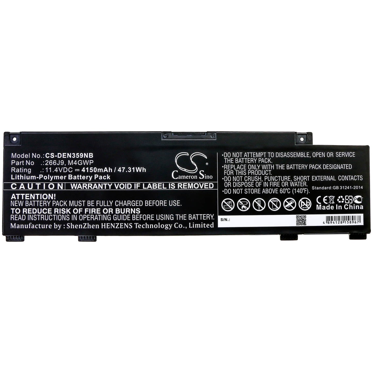 11.4V, 4150mAh, Li-Polymer Battery fits Dell, G3 15 3590, G3 3590, 47.31Wh