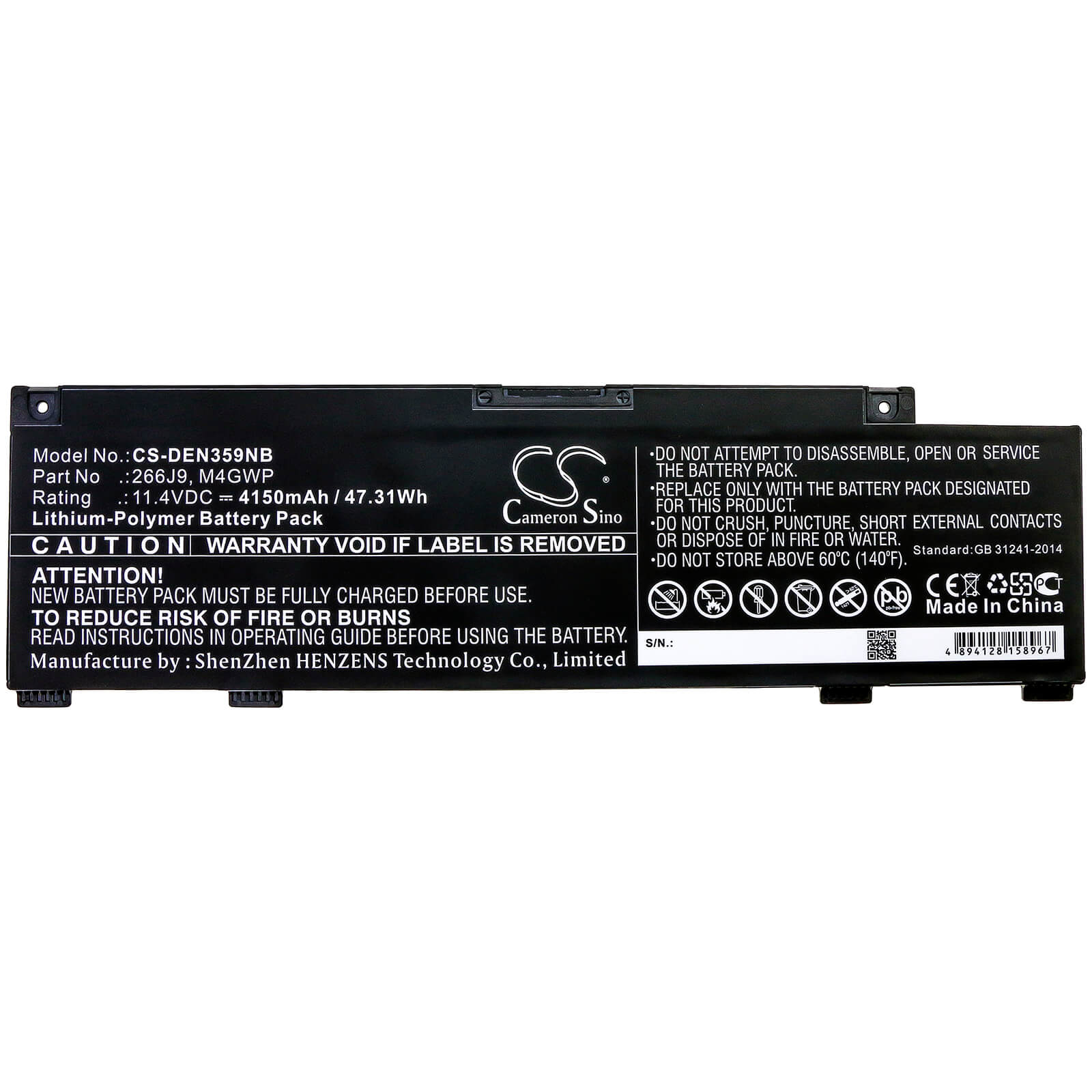 11.4V, 4150mAh, Li-Polymer Battery fits Dell, G3 15 3590, G3 3590, 47.31Wh