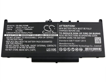 7.6V, 7200mAh, Li-Polymer Battery fits Dell, Latitude 12 E7270, Latitude 12 E7470, 54.72Wh