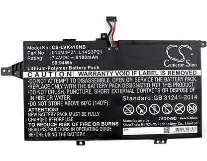 7.4V, 8100mAh, Li-Polymer Battery fits Lenovo, K41-70, M41-70, 59.94Wh