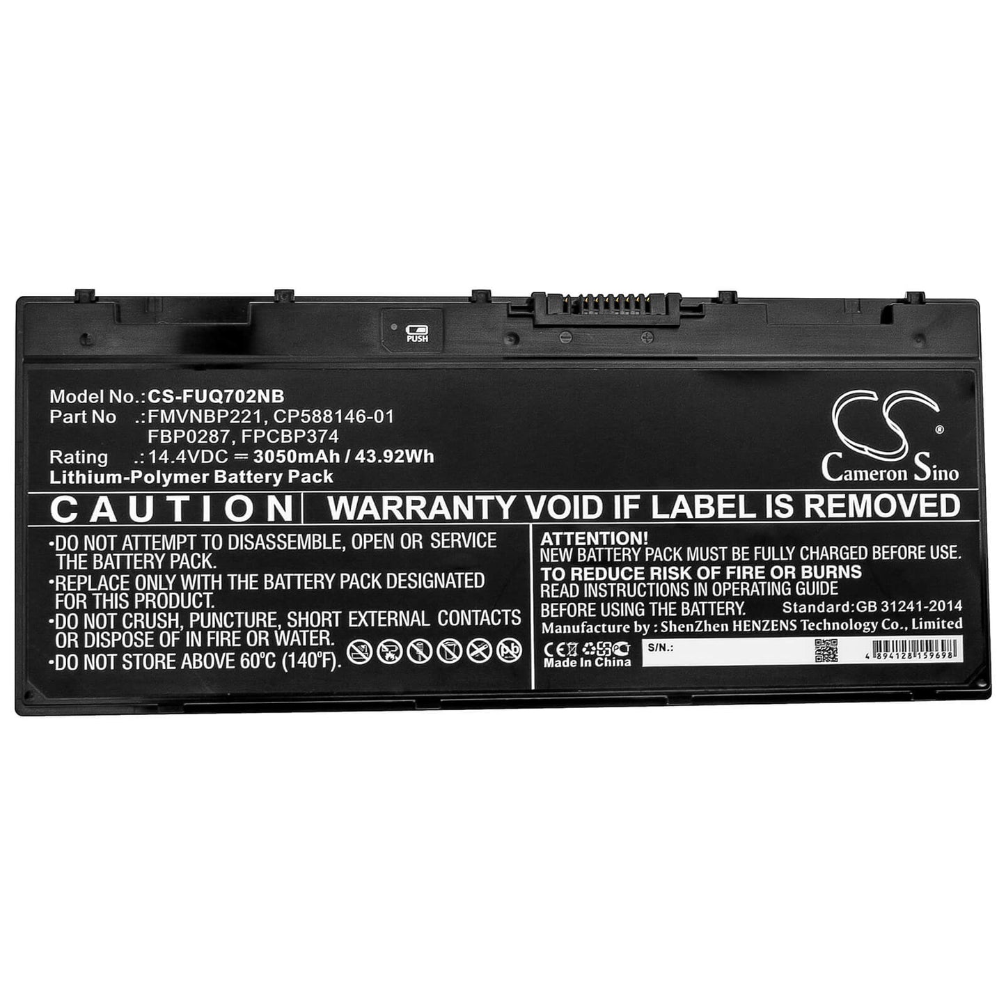 14.4V, 3050mAh, Li-Polymer Battery fits Fujitsu, Lifebook Q702, Stylistic Q702, 43.92Wh