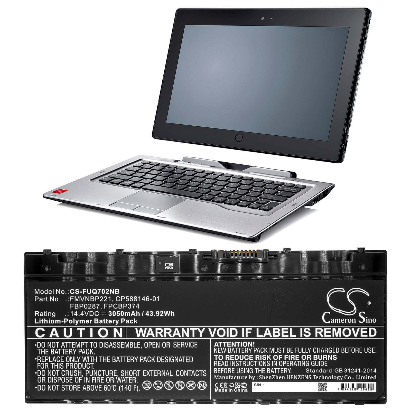14.4V, 3050mAh, Li-Polymer Battery fits Fujitsu, Lifebook Q702, Stylistic Q702, 43.92Wh