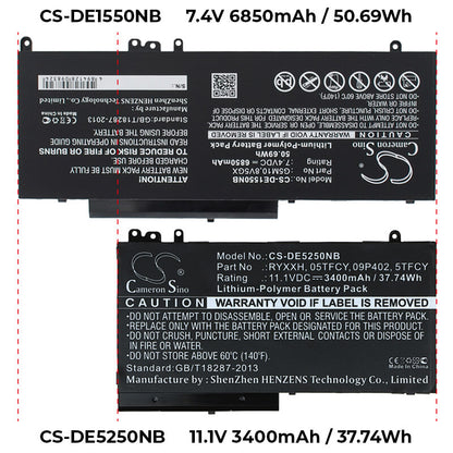7.4V, 6850mAh, Li-Polymer Battery fits Dell, Latitude 14 5000, Latitude 14-e5470, 50.69Wh