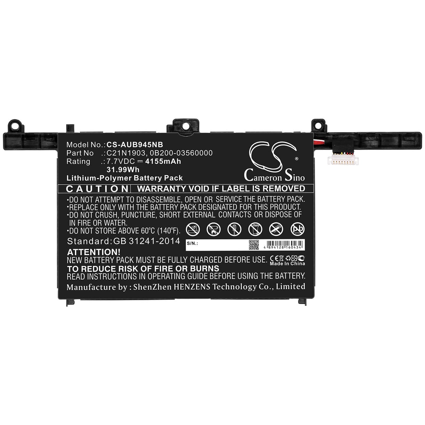 7.7V, 4155mAh, Li-Polymer Battery fits Asus, B9450, B9450f, 31.9935Wh