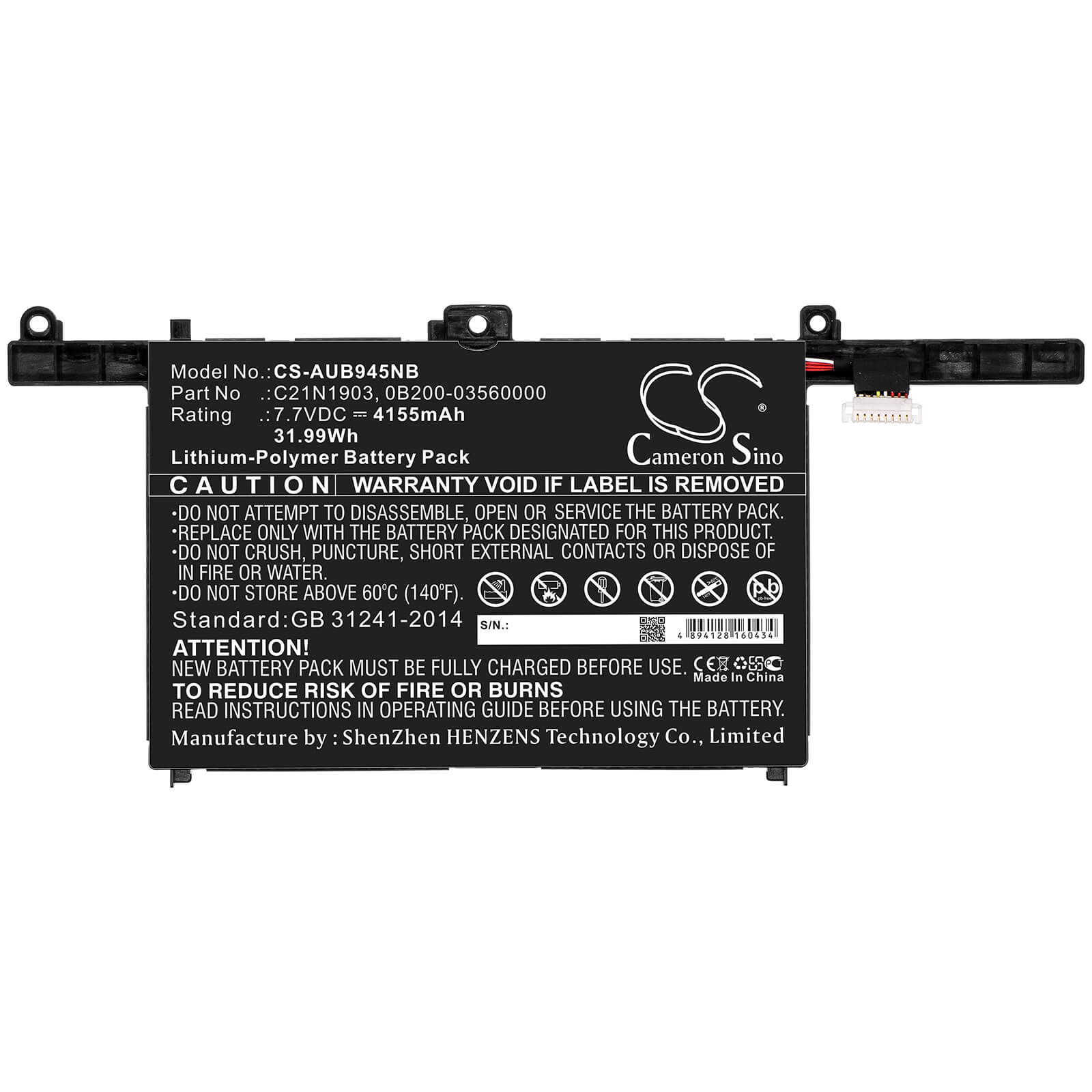 7.7V, 4155mAh, Li-Polymer Battery fits Asus, B9450, B9450f, 31.9935Wh