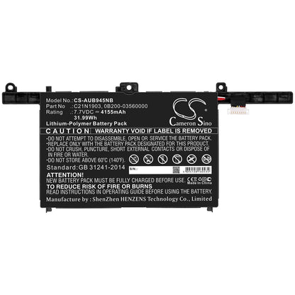 7.7V, 4155mAh, Li-Polymer Battery fits Asus, B9450, B9450f, 31.9935Wh